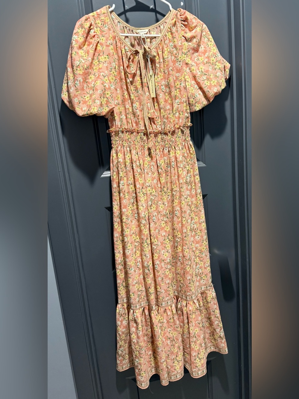 Max Studio Coral-Peach Floral Tiered Maxi Dress
